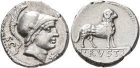 L. Rustius, 74 BC. Denarius (Silver, 17 mm, 4.00 g, 7 h), Rome. S•C Helmeted head of Minerva to right; before, control mark. Rev. L•RVSTI Ram standing...