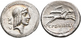 C. Calpurnius L.f. Frugi, 67 BC. Denarius (Silver, 18 mm, 3.58 g, 7 h), Rome. Laureate head of Apollo to right; behind, CLX. Rev. C PISO L F FRV Horse...
