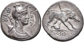 C. Hosidius C.f. Geta, 64 BC. Denarius (Silver, 17 mm, 3.67 g, 7 h), Rome. GETA - III VIR Diademed and draped bust of Diana to right, with bow and qui...