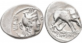 C. Hosidius C.f. Geta, 64 BC. Denarius (Silver, 18 mm, 4.01 g, 4 h), Rome. GETA - III VIR Diademed and draped bust of Diana to right, with bow and qui...