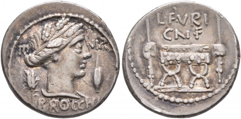 L. Furius Cn.f. Brocchus, 63 BC. Denarius (Silver, 18 mm, 3.92 g, 6 h), Rome. II...