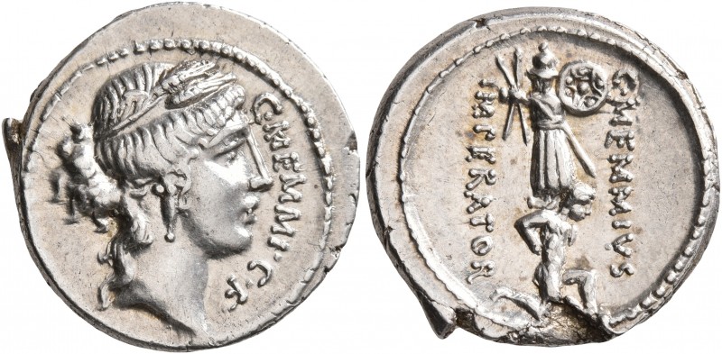 C. Memmius C.f, 56 BC. Denarius (Silver, 19 mm, 3.75 g, 7 h), Rome. C•MEMMI•C•F ...