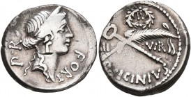 Q. Sicinius, 49 BC. Denarius (Silver, 17 mm, 4.00 g, 2 h), Rome. FORT - P•R Diademed head of Fortuna Populi Romani to right, wearing triple-pendant ea...