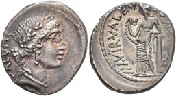 Man. Acilius Glabrio, 49 BC. Denarius (Silver, 18 mm, 3.90 g, 5 h), Rome. SALVTIS Laureate head of Salus to right. Rev. [MN•ACILIVS] III•VIR•VALETV Va...