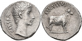 Augustus, 27 BC-AD 14. Denarius (Silver, 19 mm, 3.41 g, 12 h), Pergamum, circa 21-20 BC. CAESAR Bare head of Augustus to right. Rev. AVGVSTVS Bull sta...