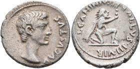 Augustus, 27 BC-AD 14. Denarius (Silver, 19 mm, 3.91 g, 10 h), Rome, 12 BC. AVGVSTVS Bare head of Augustus to right. Rev. L CANINIVS GALLVS•III•VIR Lo...