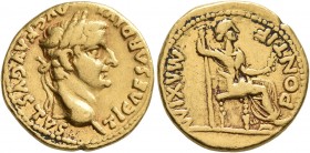 Tiberius, 14-37. Aureus (Gold, 18 mm, 7.67 g, 4 h), Lugdunum. TI CAESAR DIVI AVG F AVGVSTVS Laureate head of Tiberius to right. Rev. PONTIF MAXIM Livi...