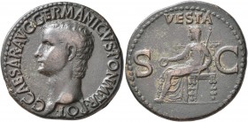 Gaius (Caligula), 37-41. As (Copper, 29 mm, 11.48 g, 7 h), Rome, 37-38. C•CAESAR•AVG•GERMANICVS•PON•M•TR•POT• Bare head of Gaius to left. Rev. VESTA /...