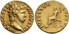 Nero, 54-68. Aureus (Gold, 17 mm, 6.92 g, 7 h), Rome, 67-68. NERO CAESAR AVGVSTVS Laureate head of Nero to right. Rev. IVPPITER CVSTOS Jupiter seated ...