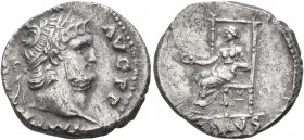 Nero, 54-68. Denarius (Silver, 18 mm, 3.35 g, 5 h), Rome, 67-68. IMP NERO CAESAR AVG P P Laureate head of Nero to right. Rev. SALVS Salus seated left ...