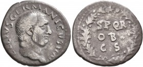 Vitellius, 69. Denarius (Silver, 19 mm, 2.79 g, 5 h), Rome. A VITELLIVS GERMANICVS IMP Laureate head of Vitellius to right. Rev. S P Q R / OB / C S wi...
