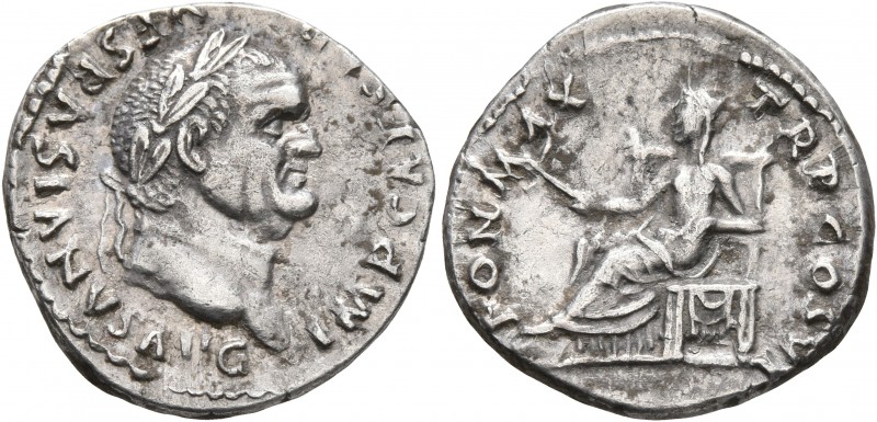 Vespasian, 69-79. Denarius (Silver, 18 mm, 3.32 g, 6 h), Rome, 75. IMP CAESAR VE...