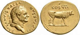 Vespasian, 69-79. Aureus (Gold, 20 mm, 7.30 g, 7 h), Rome, 76. IMP CAESAR VESPASIANVS AVG Laureate head of Vespasian to right. Rev. COS VII Cow walkin...