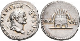 Vespasian, 69-79. Denarius (Silver, 18 mm, 3.51 g, 7 h), Rome, 77-78. CAESAR VESPASIANVS AVG Laureate head of Vespasian to right. Rev. IMP - XIX Modiu...