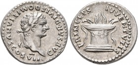 Domitian, as Caesar, 69-81. Denarius (Silver, 18 mm, 3.49 g, 6 h), Rome, struck under Titus, 80-81. CAESAR•DIVI F DOMITIANVS COS VII• Laureate head of...