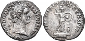 Domitian, 81-96. Denarius (Silver, 18 mm, 3.23 g, 7 h), Rome, September 88- September 89. IMP CAES DOMIT AVG GERM P M TR P VIII Laureate head of Domit...
