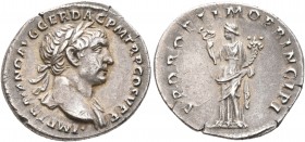 Trajan, 98-117. Denarius (Silver, 18 mm, 2.81 g, 7 h), Rome, 103-105. IMP TRAIANO AVG GER DAC P M TR P COS V P P Laureate head of Trajan to right, wit...