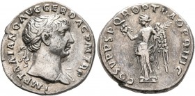 Trajan, 98-117. Denarius (Silver, 18 mm, 3.12 g, 7 h), Rome, circa 107-108. IMP TRAIANO AVG GER DAC P M TR P Laureate head of Trajan to right, with sl...