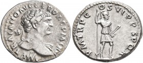 Trajan, 98-117. Denarius (Silver, 20 mm, 3.10 g, 6 h), Rome, 114-116. IMP TRAIANO AVG GER DAC P M TR P Laureate head of Trajan to right, with slight d...