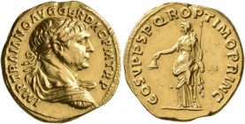Trajan, 98-117. Aureus (Gold, 19 mm, 7.12 g, 7 h), Rome, 108-110. IMP TRAIANO AVG GER DAC P M TR P Laureate, draped and cuirassed bust of Trajan to ri...