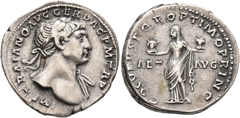 Trajan, 98-117. Denarius (Silver, 19 mm, 3.56 g, 7 h), Rome, 111. IMP TRAIANO AV...