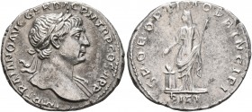 Trajan, 98-117. Denarius (Silver, 19 mm, 2.77 g, 7 h), Rome, 111. IMP TRAIANO AVG GER DAC P M TR P Laureate head of Trajan to right, with slight drape...