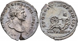 Trajan, 98-117. Denarius (Silver, 20 mm, 3.27 g, 7 h), Rome, 112-114. IMP TRAIANO AVG GER DAC P M TR P COS VI P P Laureate head of Trajan to right, wi...