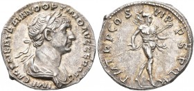 Trajan, 98-117. Denarius (Silver, 18 mm, 2.82 g, 7 h), Rome, 114-116. IMP CAES NER TRAIANO OPTIMO AVG GER DAC Laureate and draped bust of Trajan to ri...