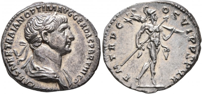 Trajan, 98-117. Denarius (Silver, 18 mm, 3.43 g, 7 h), Rome, 116. IMP CAES NER T...