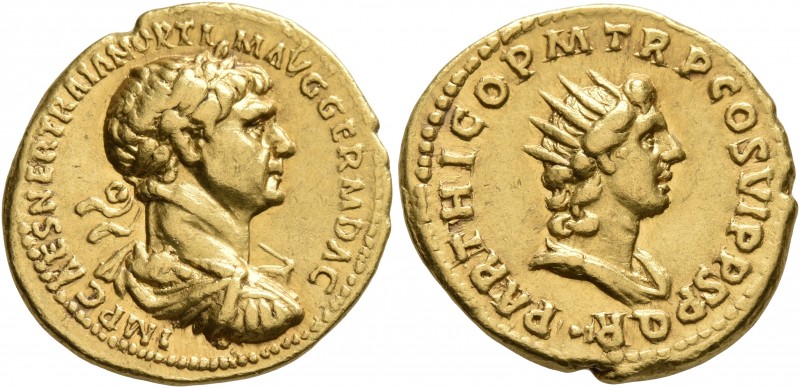 Trajan, 98-117. Aureus (Gold, 20 mm, 7.30 g, 7 h), Rome, circa autumn 116-August...