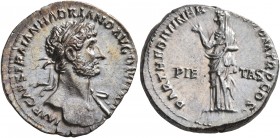 Hadrian, 117-138. Denarius (Silver, 19 mm, 3.45 g, 7 h), Rome, 117. IMP CAES TRAIAN HADRIANO AVG DIVI TRA Laureate head of Hadrian to right, with slig...