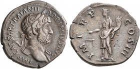 Hadrian, 117-138. Denarius (Silver, 18 mm, 2.85 g, 7 h), Rome, circa late 120-121. IMP CAESAR TRAIAN HADRIANVS AVG Laureate bust of Hadrian to right, ...