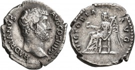 Hadrian, 117-138. Denarius (Silver, 17 mm, 3.00 g, 5 h), Rome, 136. HADRIANVS AVG COS III P P Bare head of Hadrian to right. Rev. VICTORIA AVG Victory...