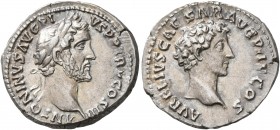 Antoninus Pius, with Marcus Aurelius as Caesar, 138-161. Denarius (Silver, 18 mm, 3.32 g, 7 h), Rome, 140. ANTONINVS AVG PIVS P P TR P COS III Laureat...
