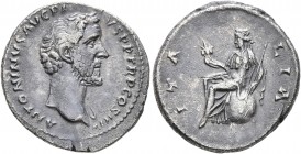 Antoninus Pius, 138-161. Denarius (Silver, 18 mm, 3.30 g, 7 h), Rome, 141-143. ANTONINVS AVG PIVS P P TR P COS III Bare head of Antoninus Pius to righ...