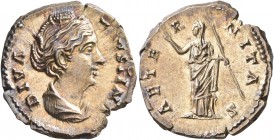 Diva Faustina Senior, died 140/1. Denarius (Silver, 18 mm, 3.46 g, 7 h), Rome. DIVA FAVSTINA Diademed and draped bust of Diva Faustina to right. Rev. ...
