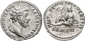 Marcus Aurelius, 161-180. Denarius (Silver, 17 mm, 3.00 g, 5 h), Rome, 163-164. ANTONINVS AVG ARMENIACVS Laureate head of Marcus Aurelius to right. Re...