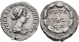 Lucilla, Augusta, 164-182. Denarius (Silver, 18 mm, 3.00 g, 12 h), Rome. LVCILLAE AVG ANTONINI AVG F Draped bust of Lucilla to right. Rev. VOTA / PVBL...