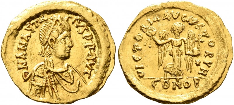 Anastasius I, 491-518. Tremissis (Gold, 16 mm, 1.50 g, 6 h), Constantinopolis. D...