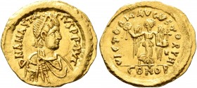 Anastasius I, 491-518. Tremissis (Gold, 16 mm, 1.50 g, 6 h), Constantinopolis. D N ANASTASIVS P P AVG Pearl-diademed, draped and cuirassed bust of Ana...