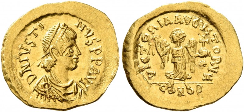 Justin I, 518-527. Tremissis (Gold, 15 mm, 1.47 g, 7 h), Constantinopolis. D N I...