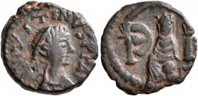 Justin I, 518-527. Pentanummium (Bronze, 14 mm, 2.09 g, 5 h), Antiochia. D N IVSTINVS P P AVG Diademed, draped and cuirassed bust of Justin I to right...