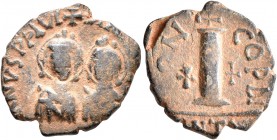 Justin I & Justinian I, 527. Dekanummium (Bronze, 19 mm, 3.27 g, 11 h), Antiochia. [D N D N IVSTINVS ET IVSTINI]ANVS P P AVG Diademed and crowned bust...