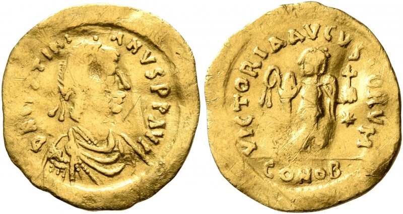 Justinian I, 527-565. Tremissis (Gold, 16 mm, 1.42 g, 7 h), Constantinopolis. D ...