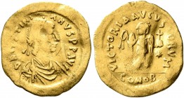 Justinian I, 527-565. Tremissis (Gold, 16 mm, 1.42 g, 7 h), Constantinopolis. D N IVSTINIANVS P P AVI Diademed, draped and cuirassed bust of Justinian...
