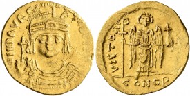 Maurice Tiberius, 582-602. Solidus (Gold, 21 mm, 4.46 g, 6 h), Theoupolis (Antiochia). O N mAVRC TIb P P A[VG] Draped and cuirassed bust of Maurice Ti...