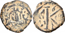 Maurice Tiberius, 582-602. Half Follis (Bronze, 21 mm, 4.50 g, 3 h), an extremely crude imitation of a half-follis of Maurice Tiberius from Antiochia....