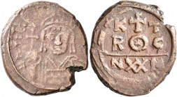 Maurice Tiberius, 582-602. Half Follis (Bronze, 23 mm, 9.49 g, 6 h), Carthage, 582-583. D N TIBЄ [MAVRIC P] Draped and cuirassed bust of Maurice Tiber...
