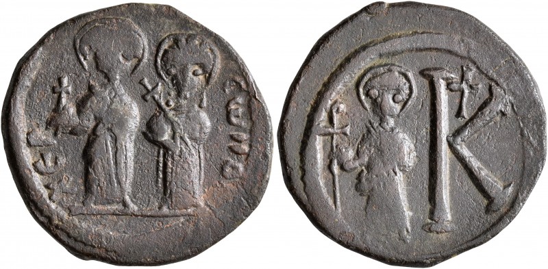 Maurice Tiberius, with Constantina and Theodosius, 582-602. 8 Pentanummia (Bronz...
