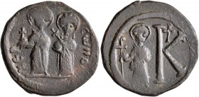 Maurice Tiberius, with Constantina and Theodosius, 582-602. 8 Pentanummia (Bronze, 24 mm, 6.33 g, 6 h), Cherson, 584-608. XЄPCωIIOC Maurice Tiberius, ...